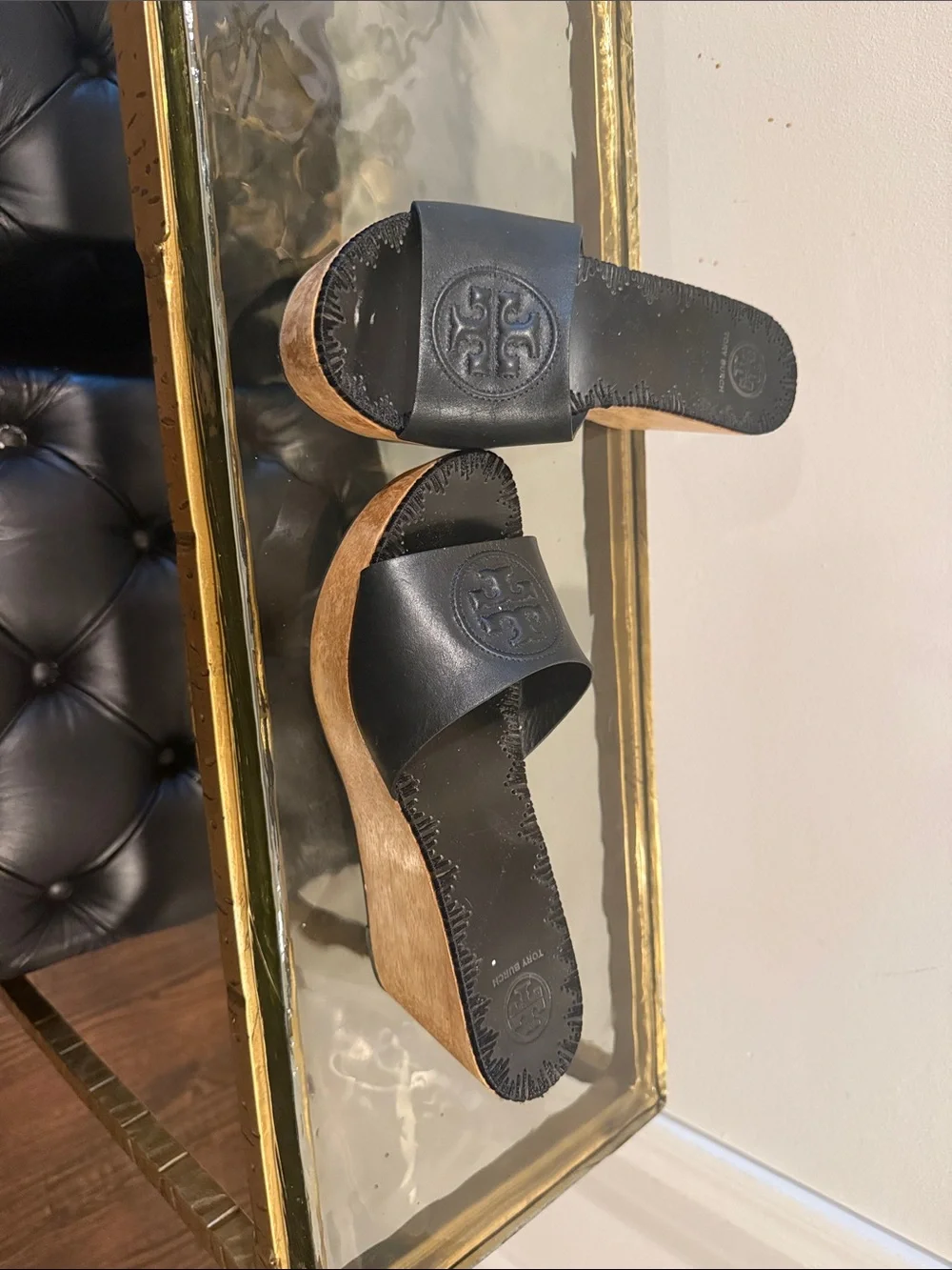 Tory Burch size 9 Black Leather Wedge Slide Sandals - Women